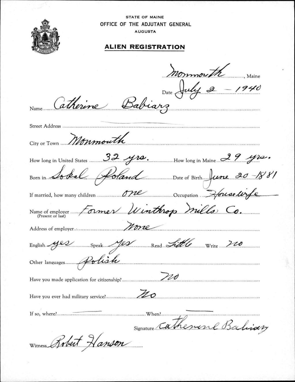 Miniature of Alien Registration- Babiarz, Catherine (Monmouth, Kennebec County)