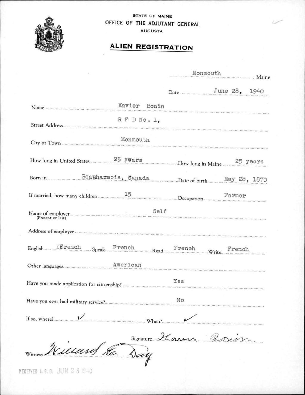 Miniature of Alien Registration- Bonin, Xavier (Monmouth, Kennebec County)