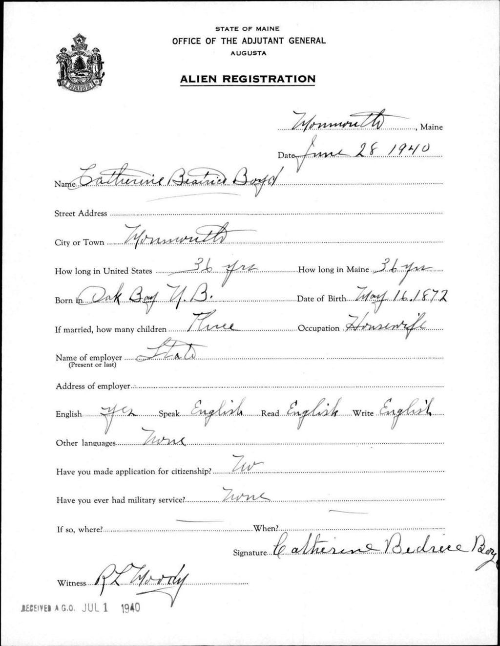Miniature of Alien Registration- Boyd, Catherine B. (Monmouth, Kennebec County)