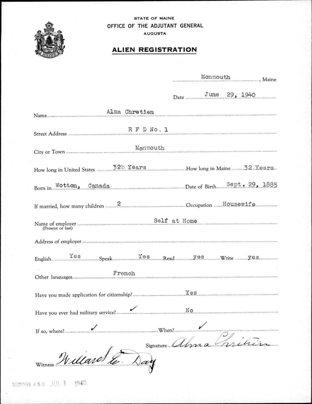 Miniature of Alien Registration- Chretien, Alma (Monmouth, Kennebec County)