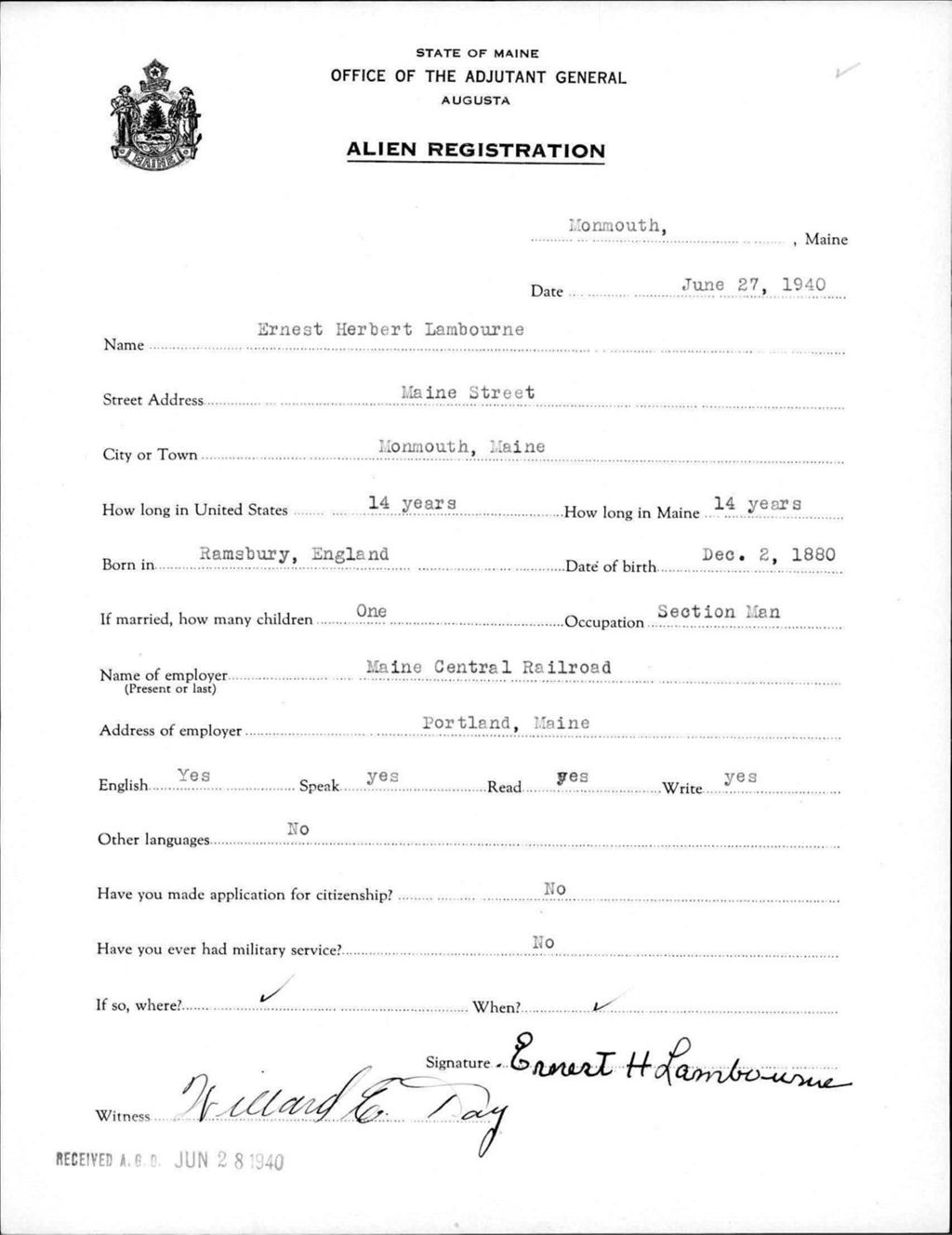 Miniature of Alien Registration- Lambourne, Ernest H. (Monmouth, Kennebec County)