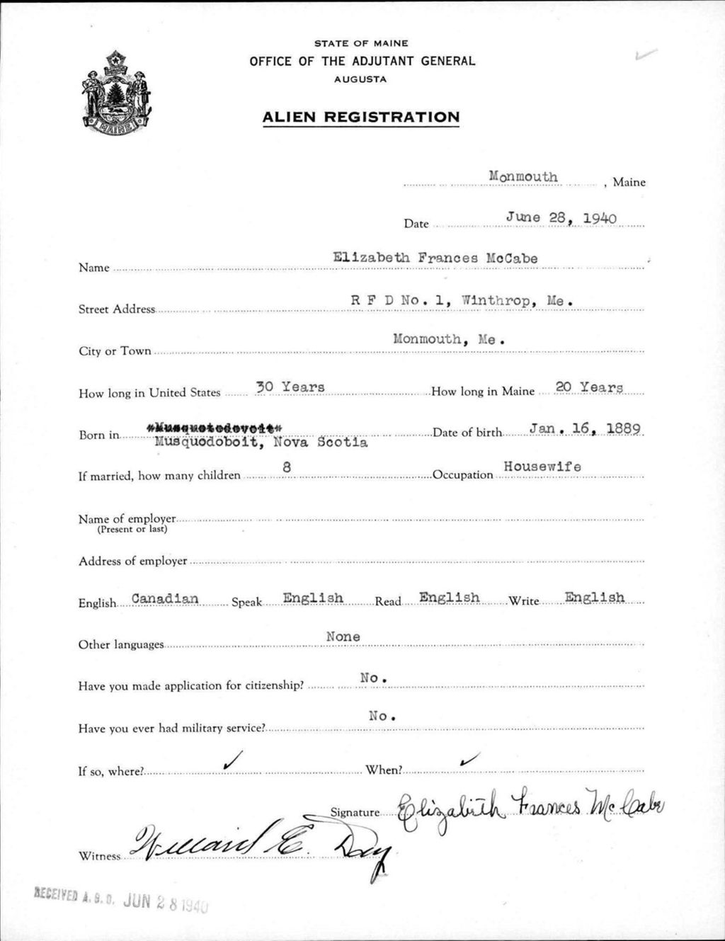 Miniature of Alien Registration- Mccabe, Elizabeth F. (Monmouth, Kennebec County)