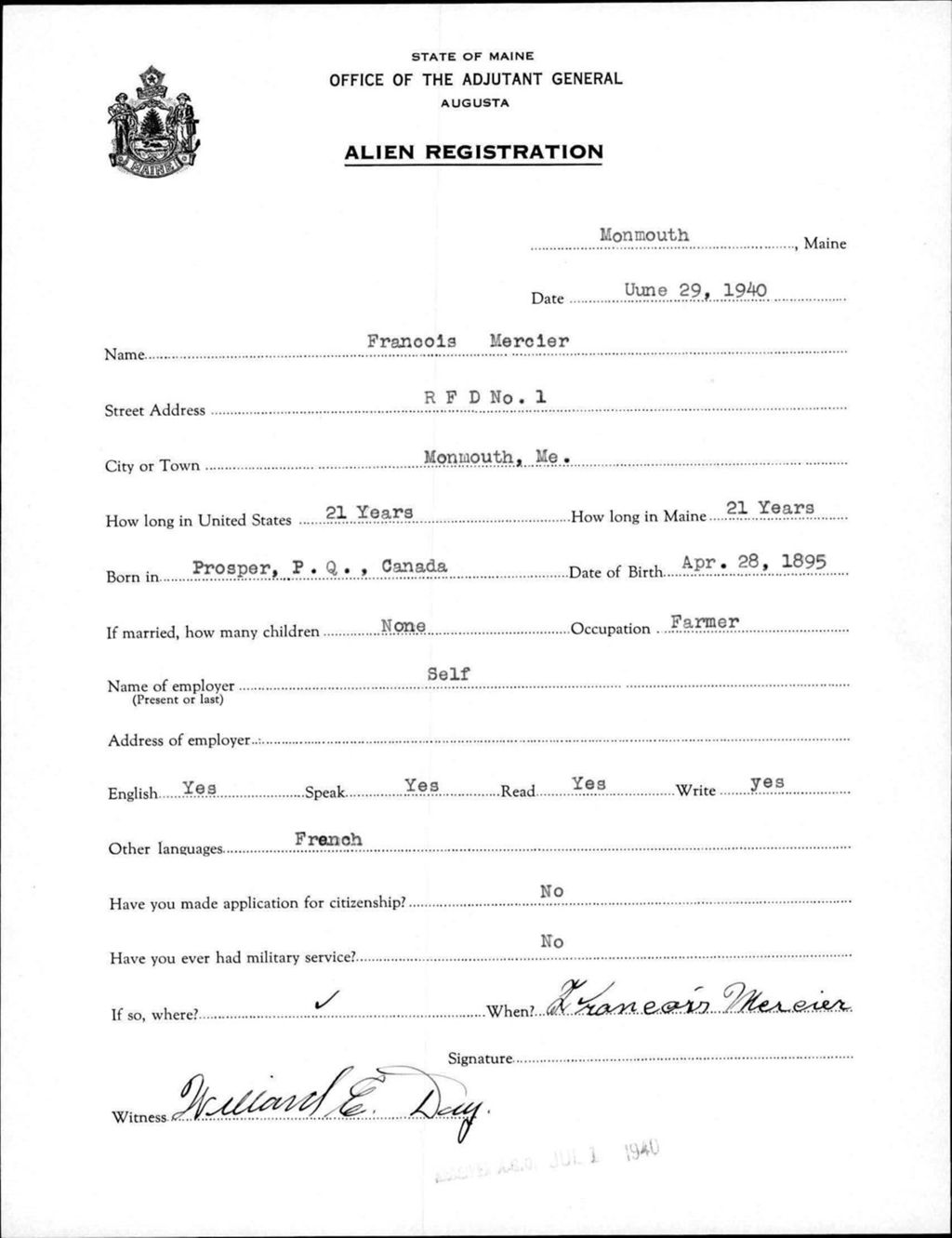 Miniature of Alien Registration- Mercier, Francois (Monmouth, Kennebec County)