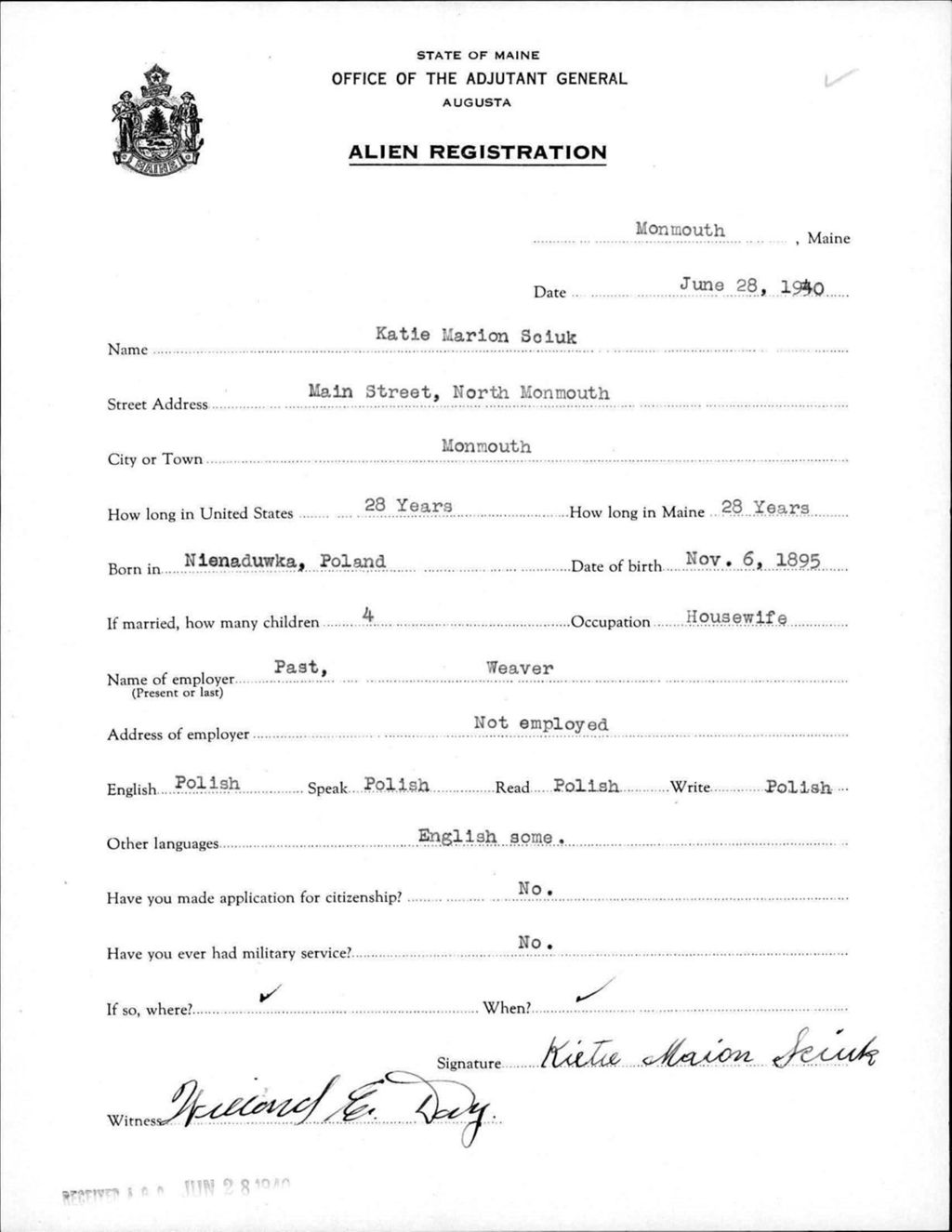 Miniature of Alien Registration- Sciuk, Katie M. (Monmouth, Kennebec County)