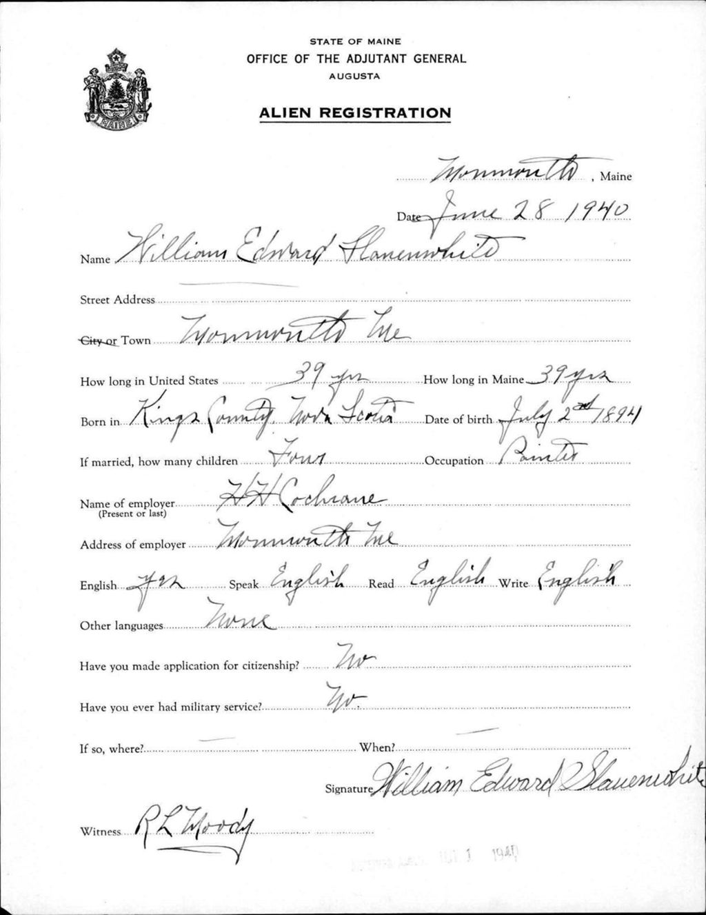 Miniature of Alien Registration- Slauenwhite, William E. (Monmouth, Kennebec County)