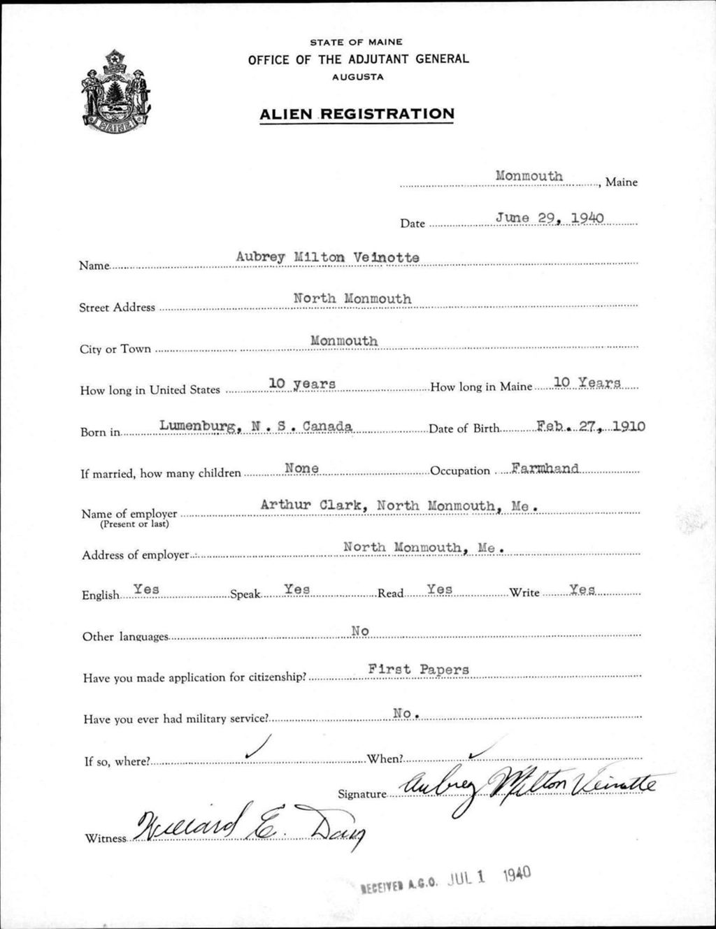 Miniature of Alien Registration- Veinotte, Aubrey M. (Monmouth, Kennebec County)