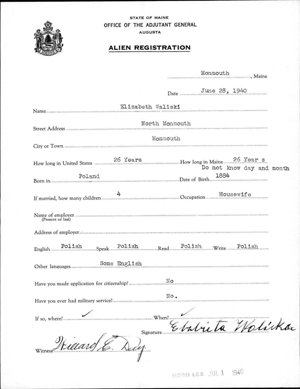 Miniature of Alien Registration- Waliski, Elizabeth (Monmouth, Kennebec County)