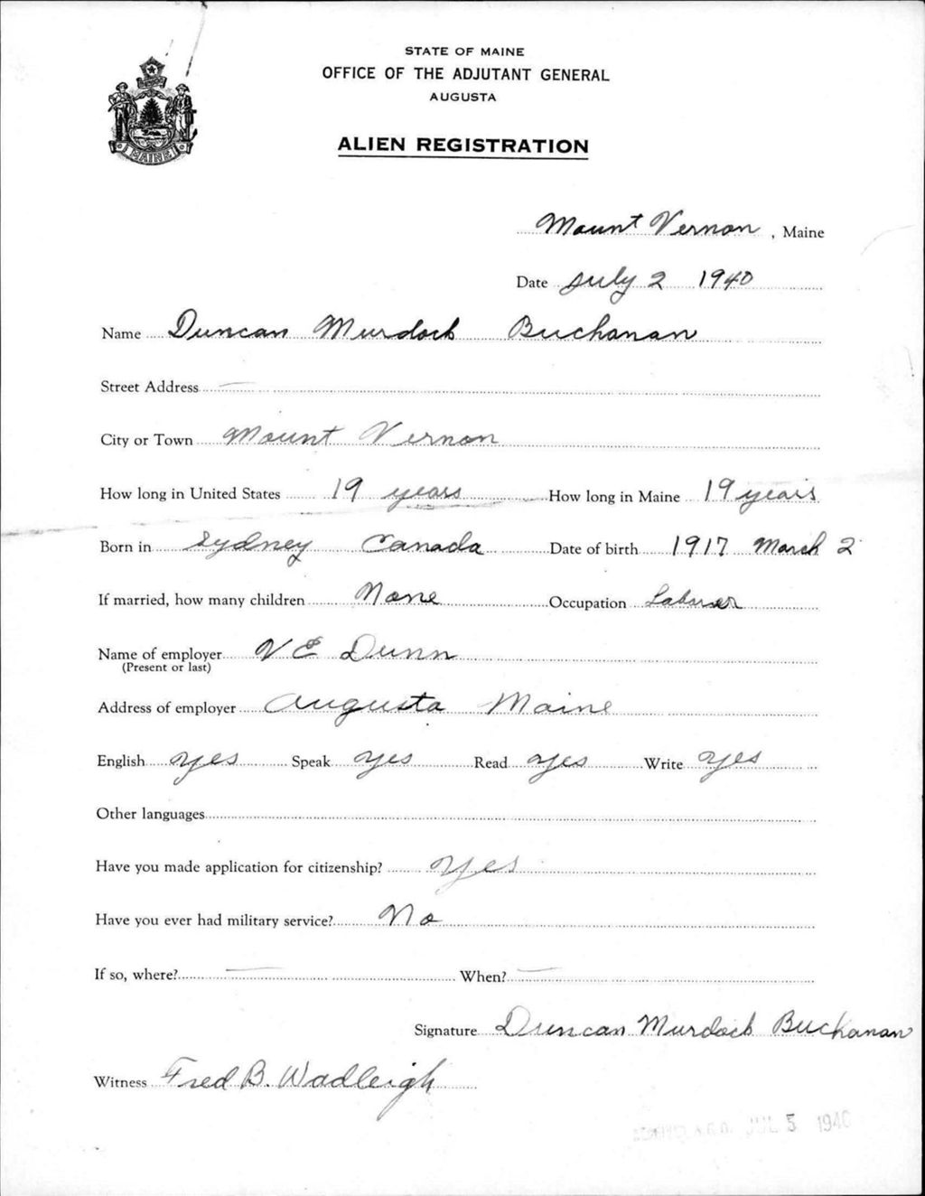 Miniature of Alien Registration- Buchanan, Duncan M. (Mount Vernon, Kennebec County)