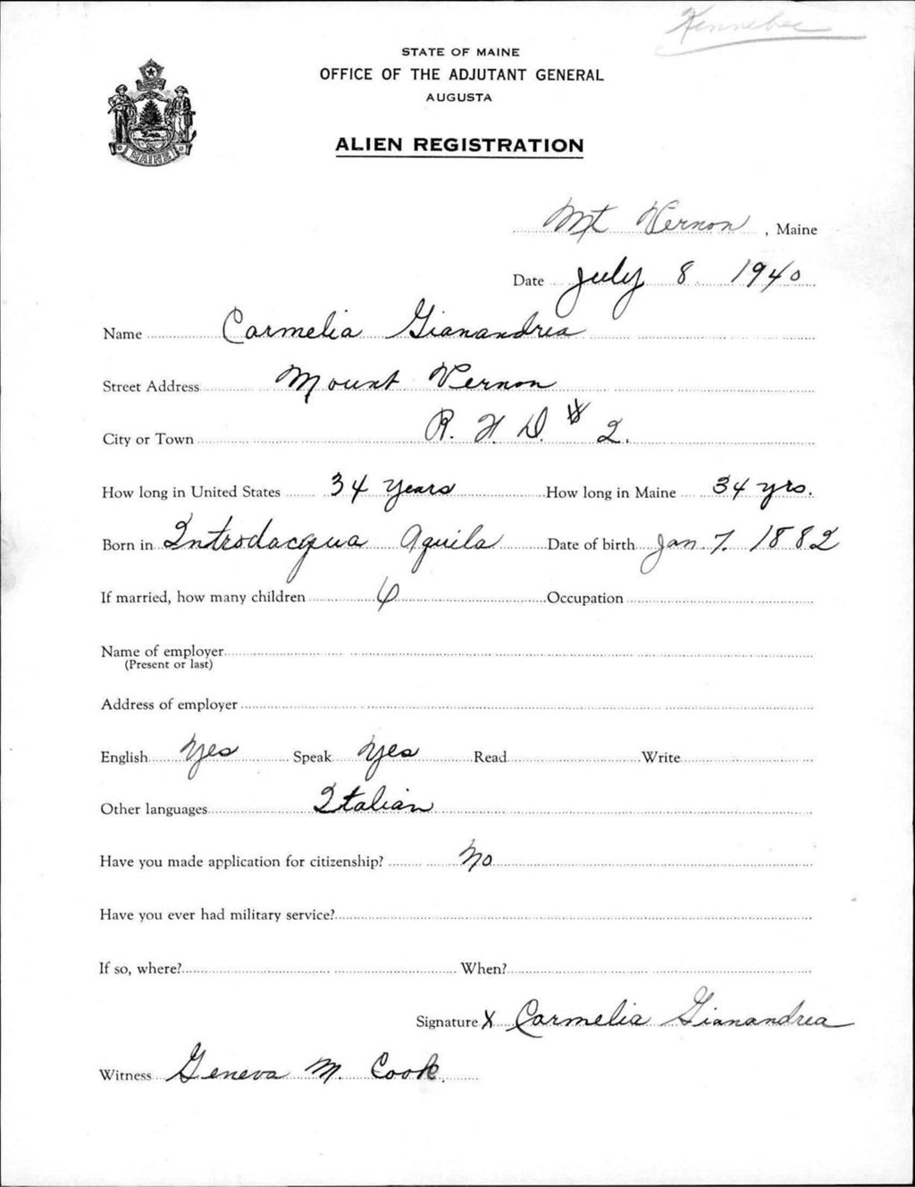 Miniature of Alien Registration- Gianandrea, Carmelia (Mount Vernon, Kennebec County)