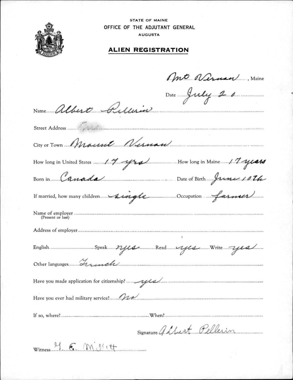 Miniature of Alien Registration- Pellerin, Albert (Mount Vernon, Kennebec County)