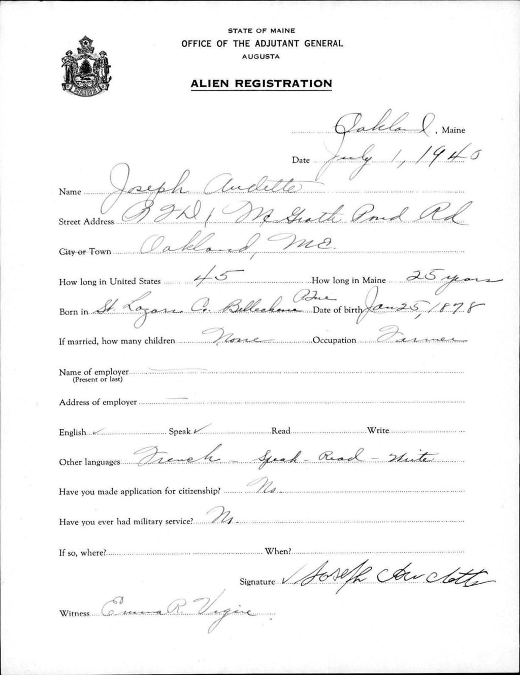 Miniature of Alien Registration- Audette, Joseph (Oakland, Kennebec County)