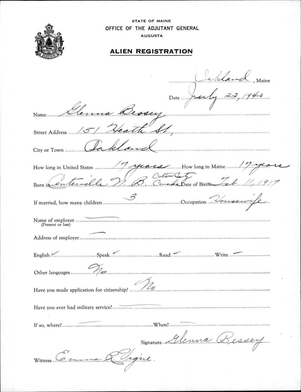 Miniature of Alien Registration- Bessey, Glenna (Oakland, Kennebec County)