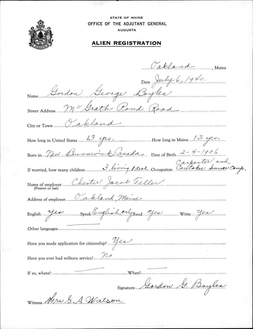 Miniature of Alien Registration- Boyles, Gordon G. (Oakland, Kennebec County)
