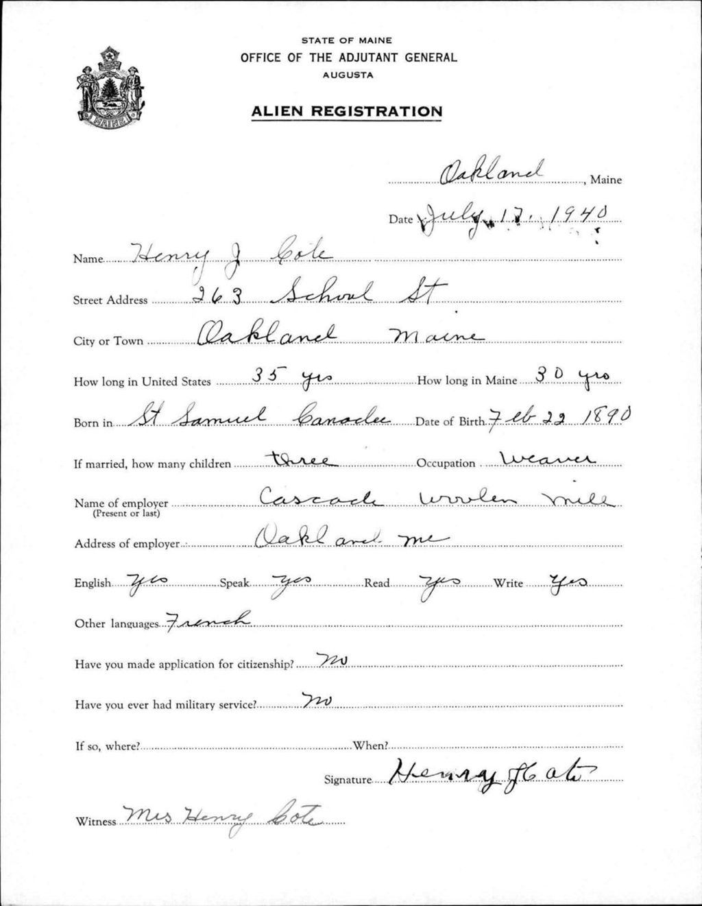 Miniature of Alien Registration- Cole, Henry J. (Oakland, Kennebec County)