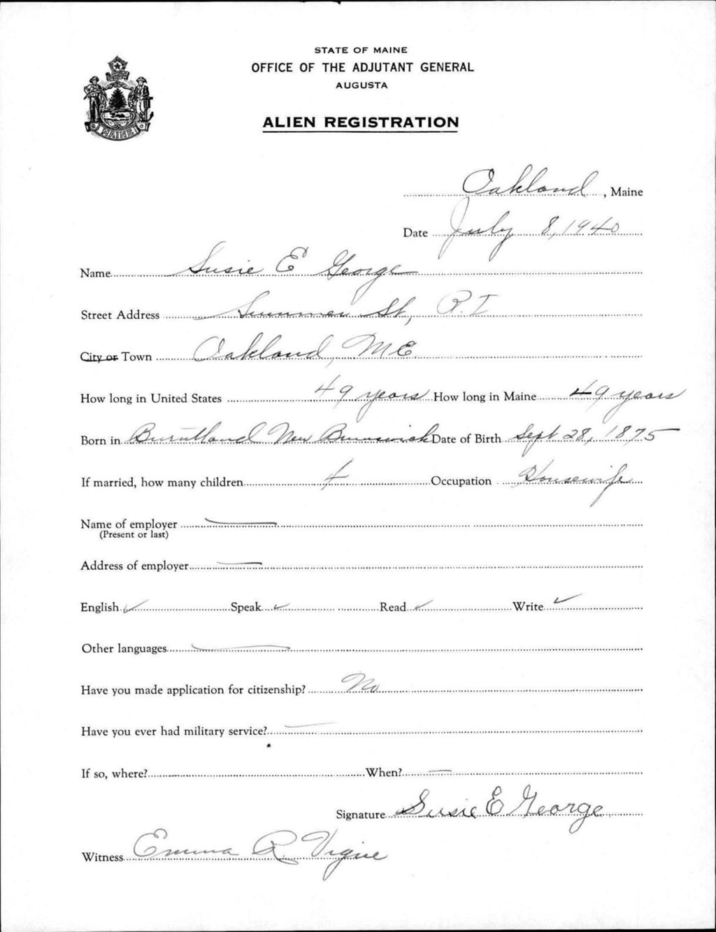 Miniature of Alien Registration- George, Susie E. (Oakland, Kennebec County)