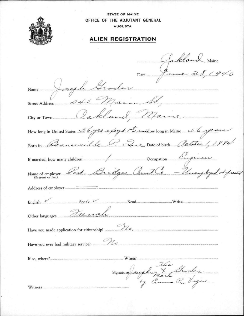 Miniature of Alien Registration- Groder, Joseph (Oakland, Kennebec County)
