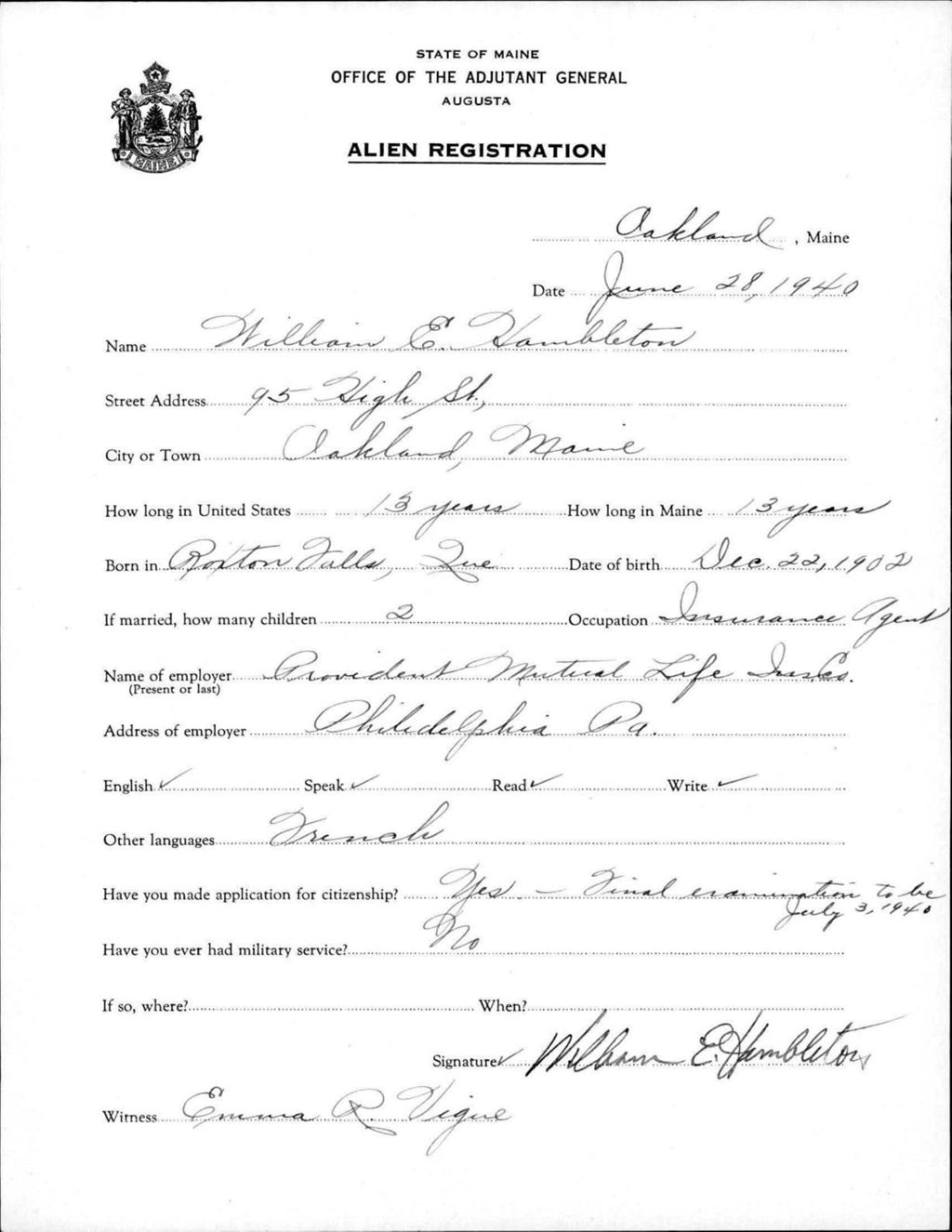 Miniature of Alien Registration- Hambleton, William E. (Oakland, Kennebec County)