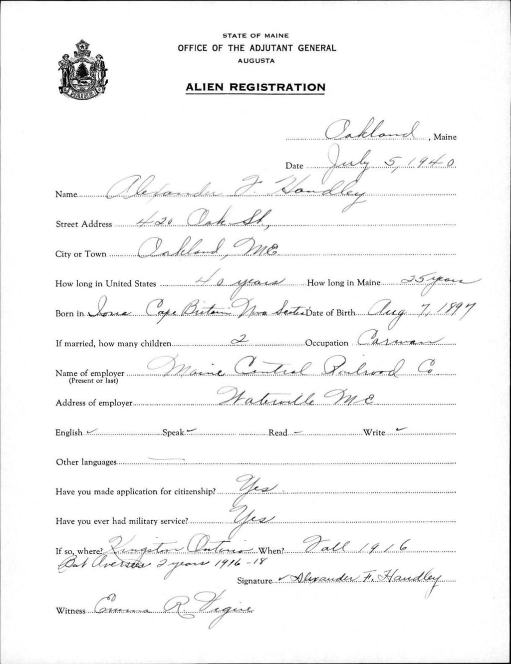 Miniature of Alien Registration- Handley, Alexander F. (Oakland, Kennebec County)