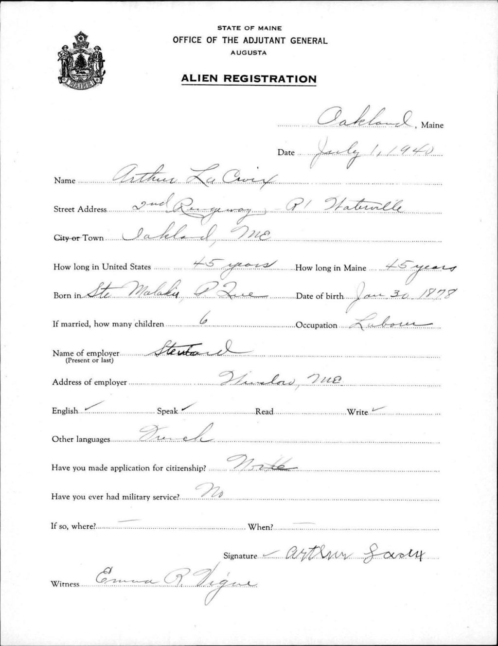 Miniature of Alien Registration- La Croix, Arthur (Oakland, Kennebec County)