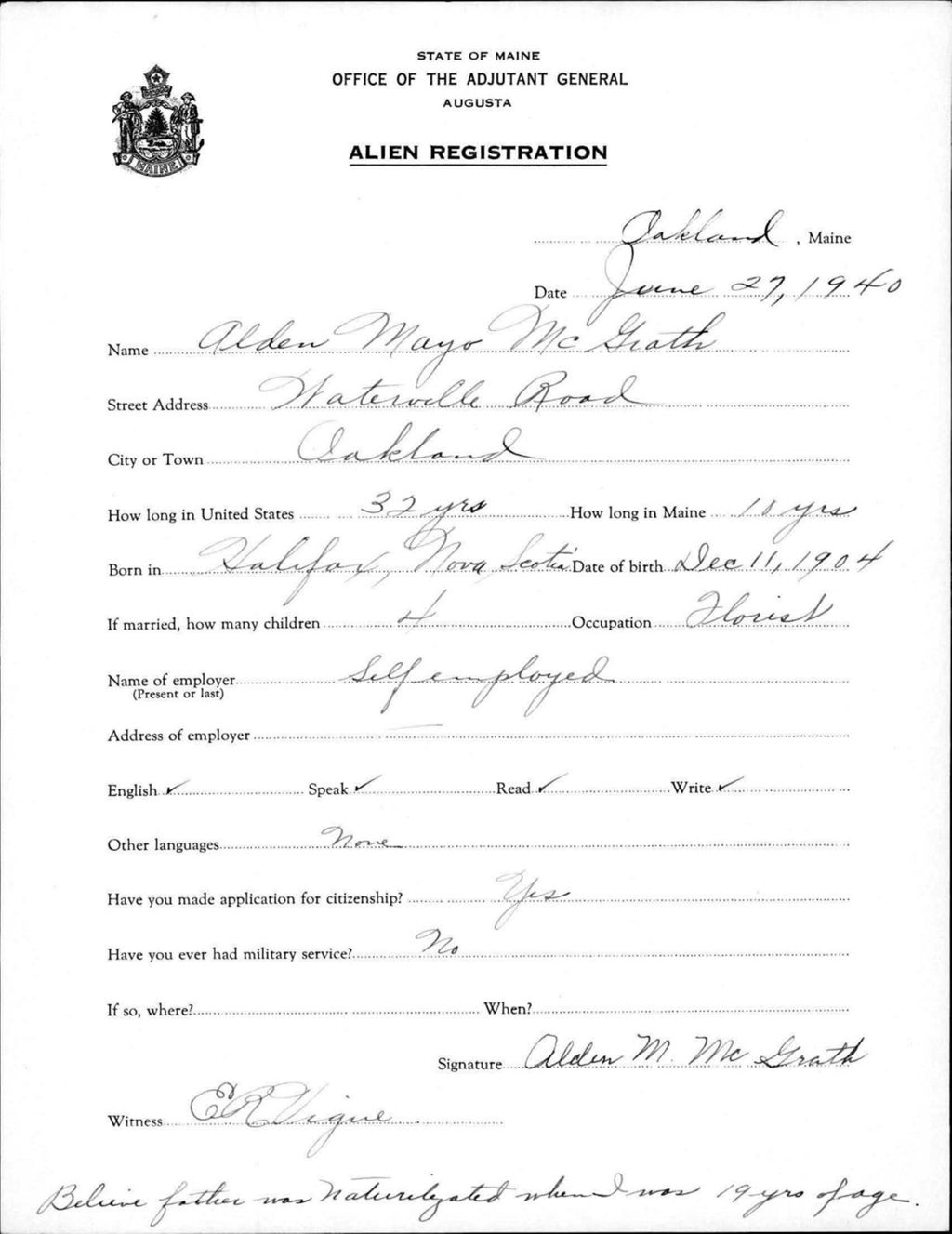 Miniature of Alien Registration- Mcgrath, Alden M. (Oakland, Kennebec County)