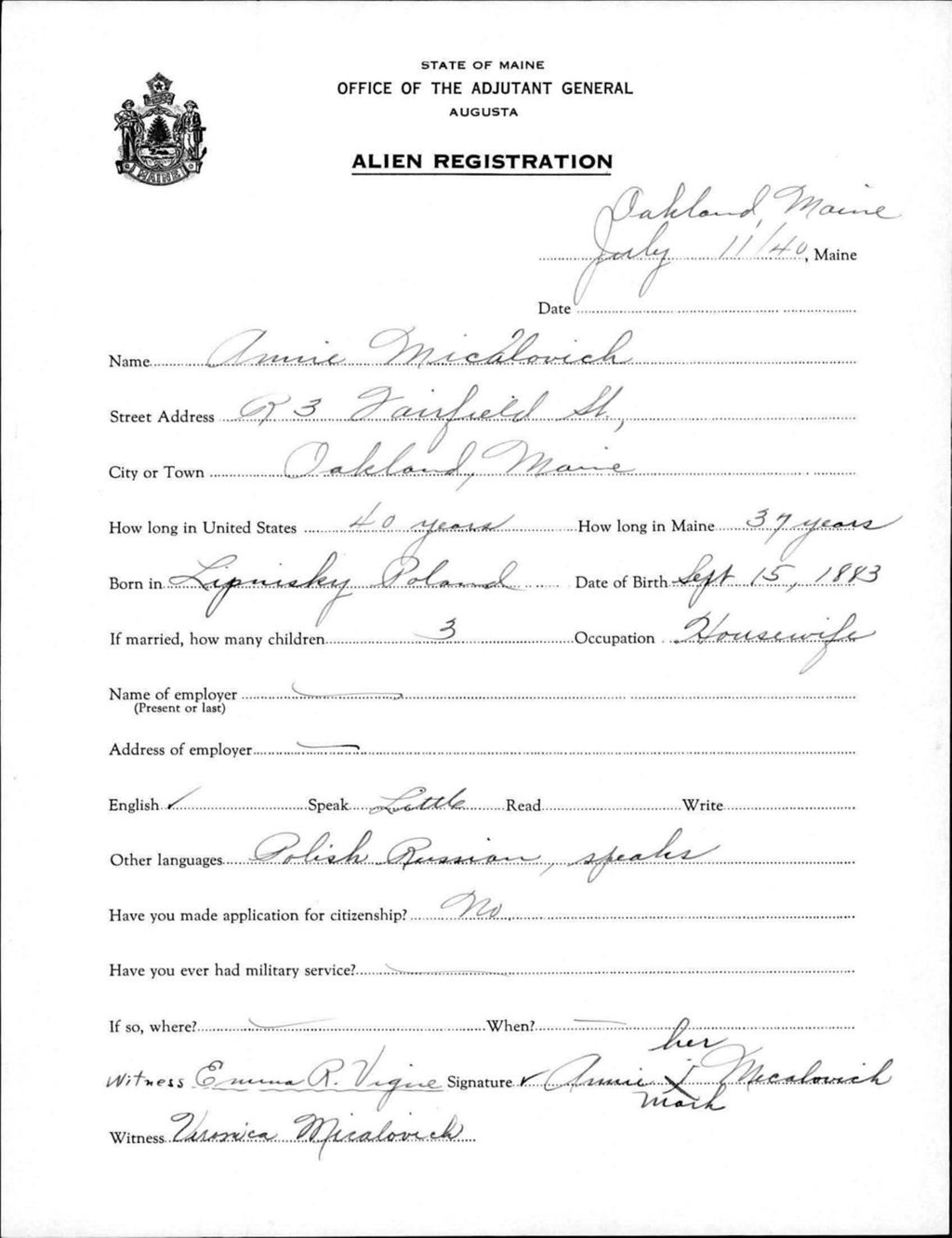 Miniature of Alien Registration- Micalovich, Annie (Oakland, Kennebec County)