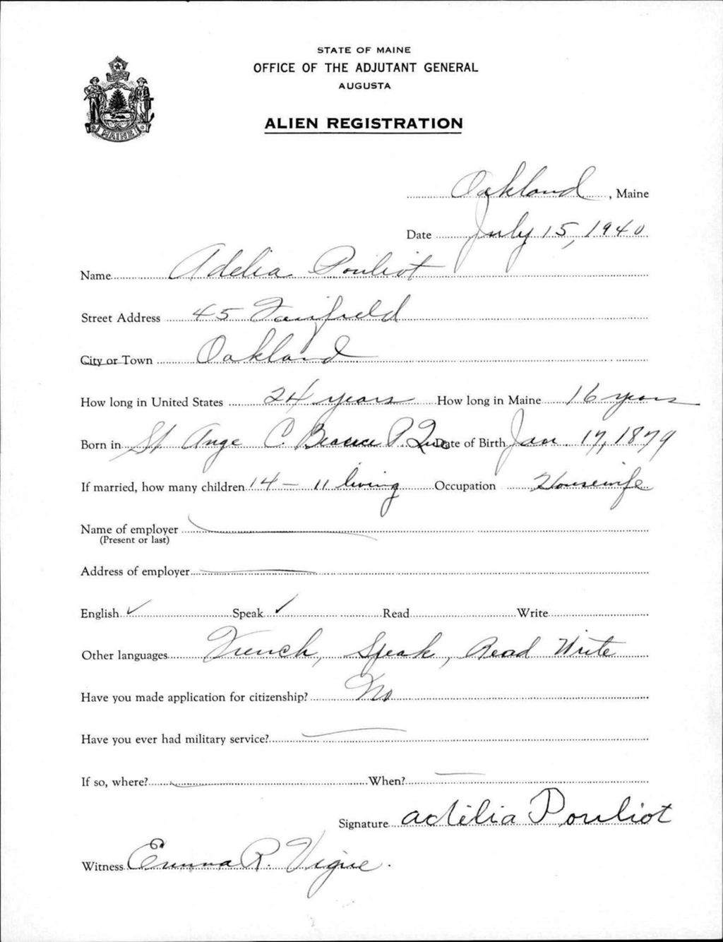 Miniature of Alien Registration- Pouliot, Adelia (Oakland, Kennebec County)