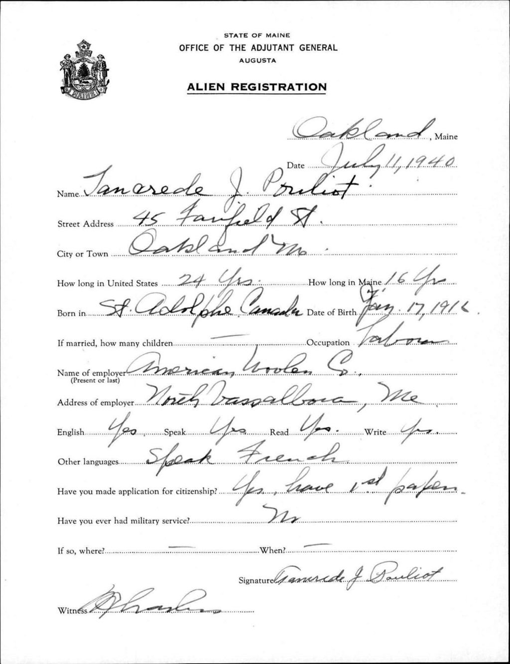 Miniature of Alien Registration- Pouliot, Tancrede J. (Oakland, Kennebec County)
