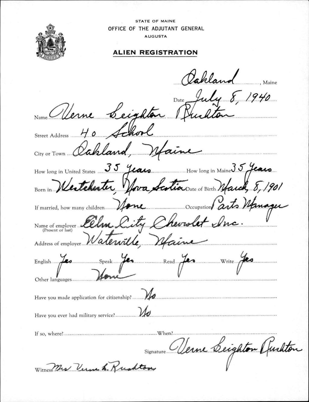 Miniature of Alien Registration- Rushton, Verne L. (Oakland, Kennebec County)