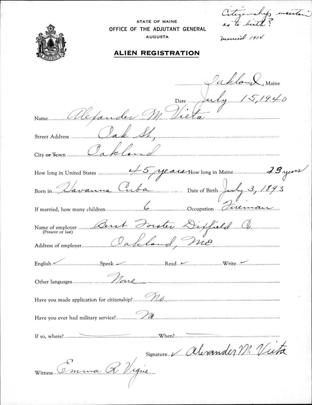 Miniature of Alien Registration- Vieta, Alexander M. (Oakland, Kennebec County)