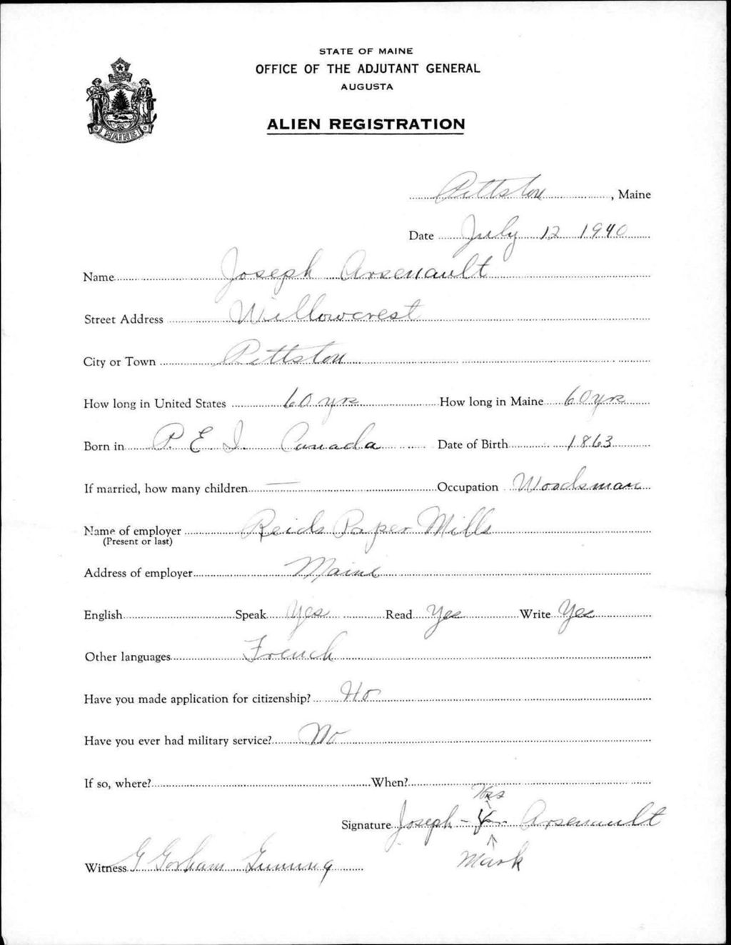 Miniature of Alien Registration- Arsenault, Joseph (Pittston, Kennebec County)