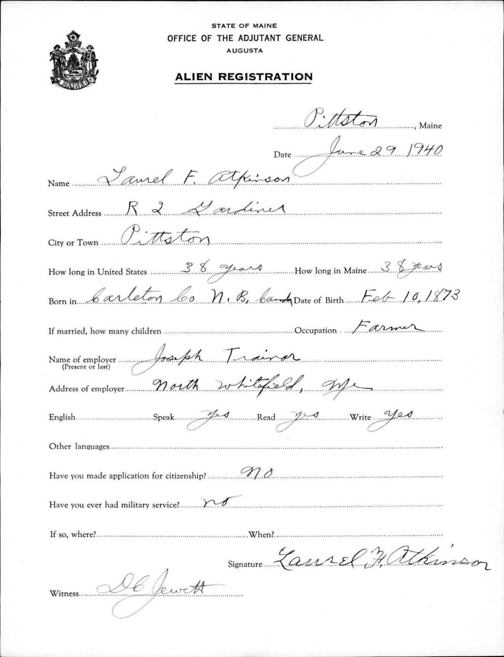 Miniature of Alien Registration- Atkinson, Laurel F. (Pittston, Kennebec County)