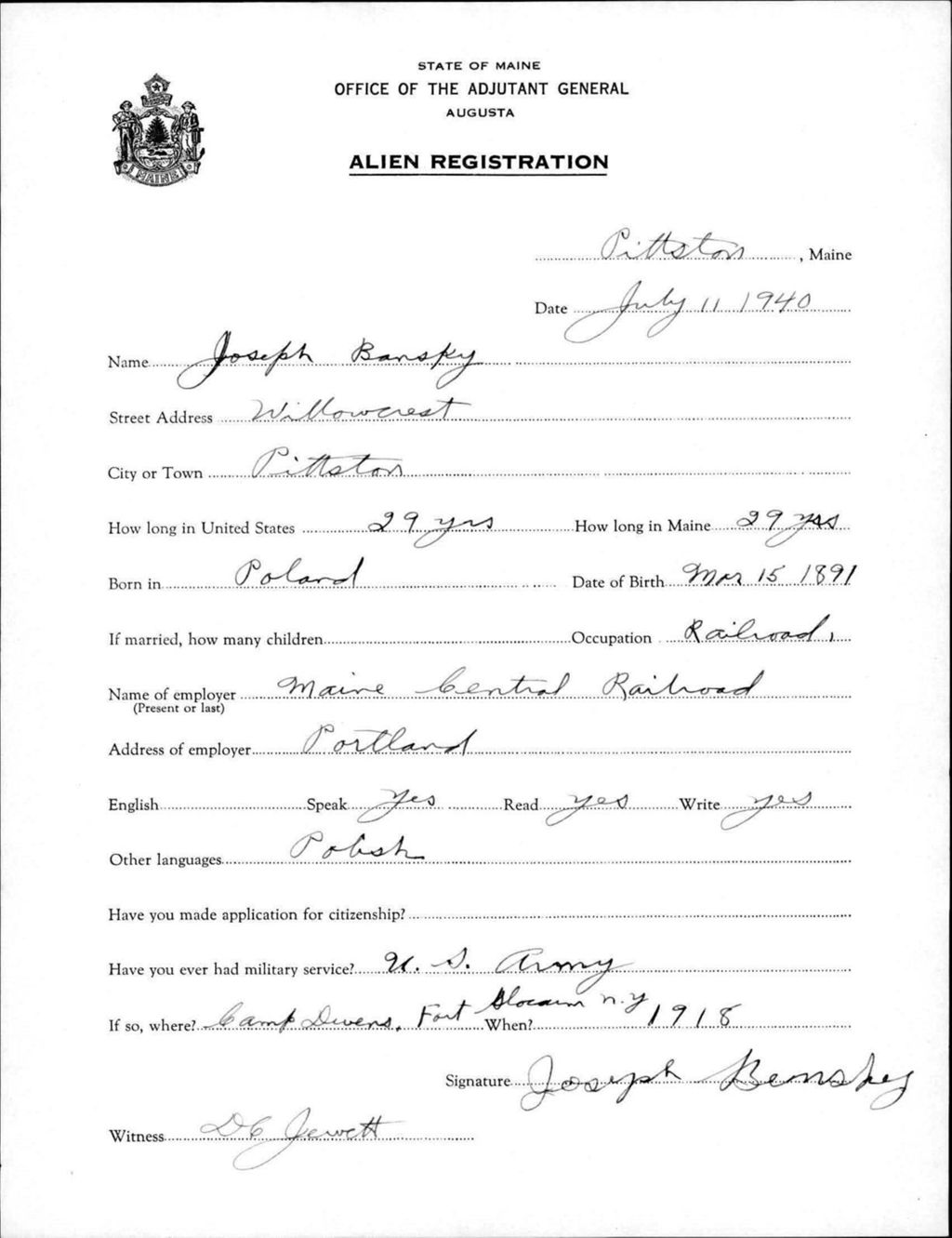 Miniature of Alien Registration- Bensky, Joseph (Pittston, Kennebec County)