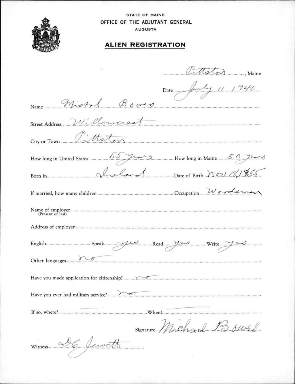 Miniature of Alien Registration- Bowes, Michael (Pittston, Kennebec County)
