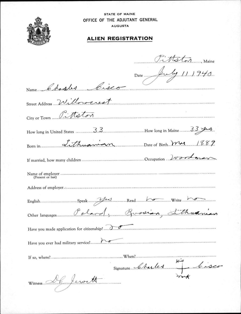 Miniature of Alien Registration- Cisco, Charles (Pittston, Kennebec County)