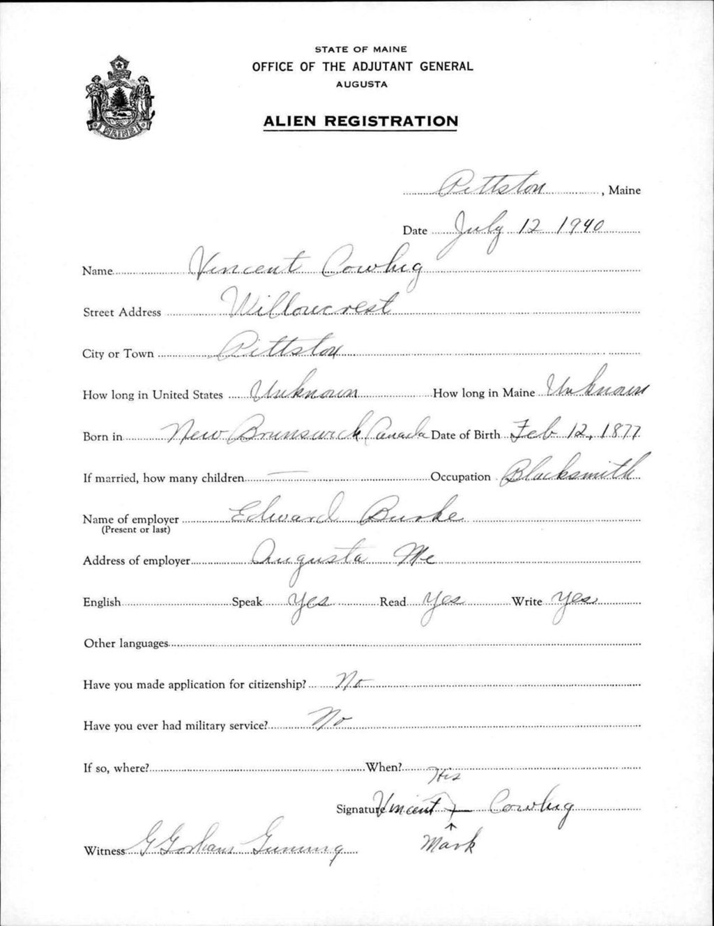 Miniature of Alien Registration- Cowhig, Vincent (Pittston, Kennebec County)