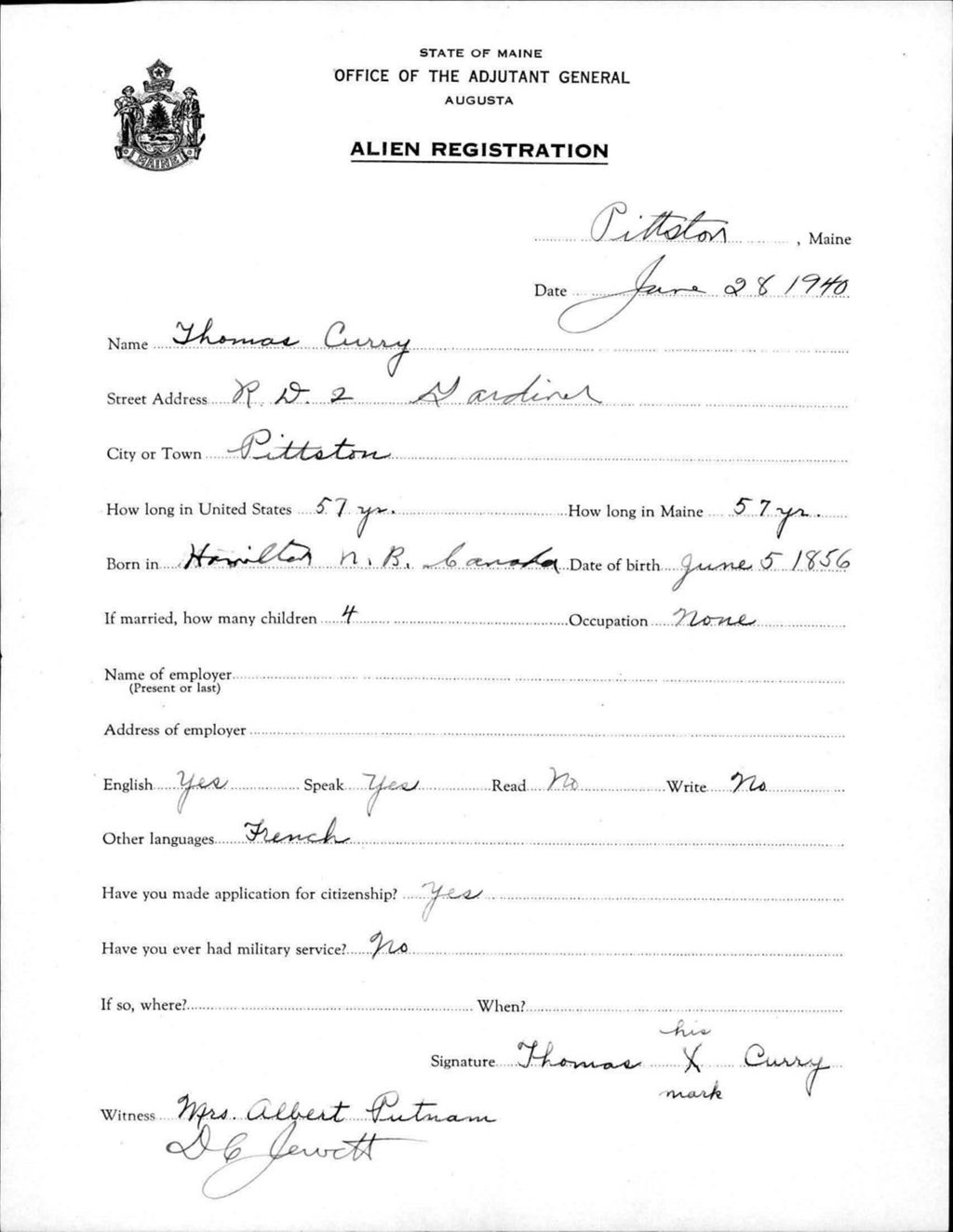 Miniature of Alien Registration- Curry, Thomas (Pittston, Kennebec County)