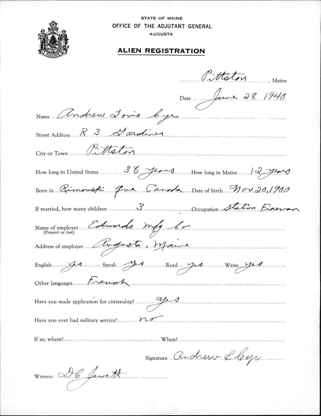 Miniature of Alien Registration- Cyr, Andrew L. (Pittston, Kennebec County)
