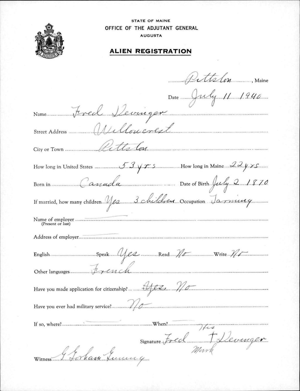 Miniature of Alien Registration- Devinger, Fred (Pittston, Kennebec County)