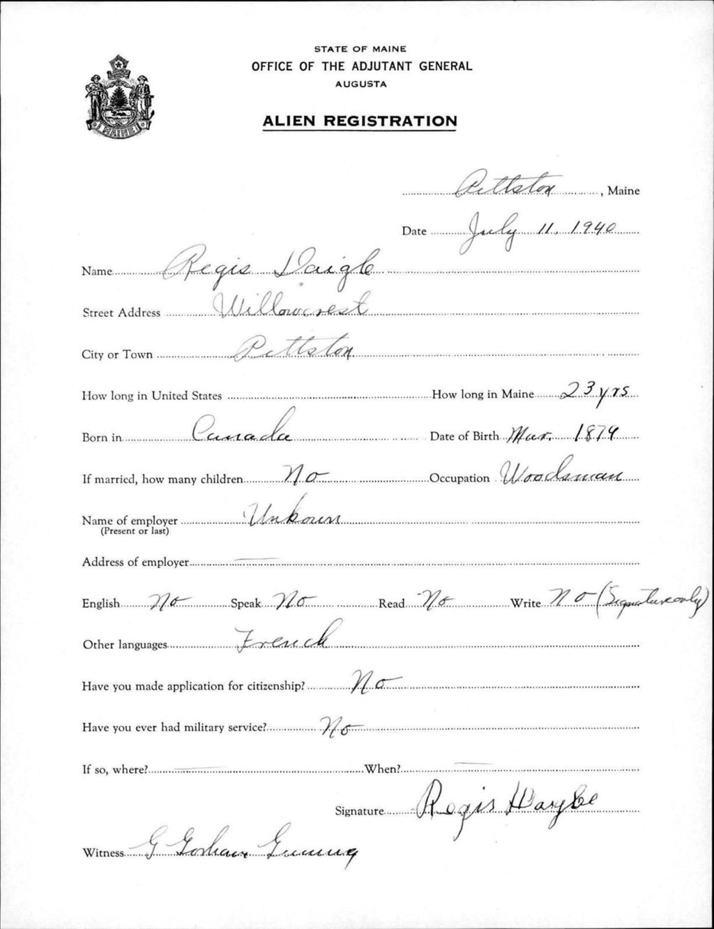 Miniature of Alien Registration- Daigle, Regis (Pittston, Kennebec County)