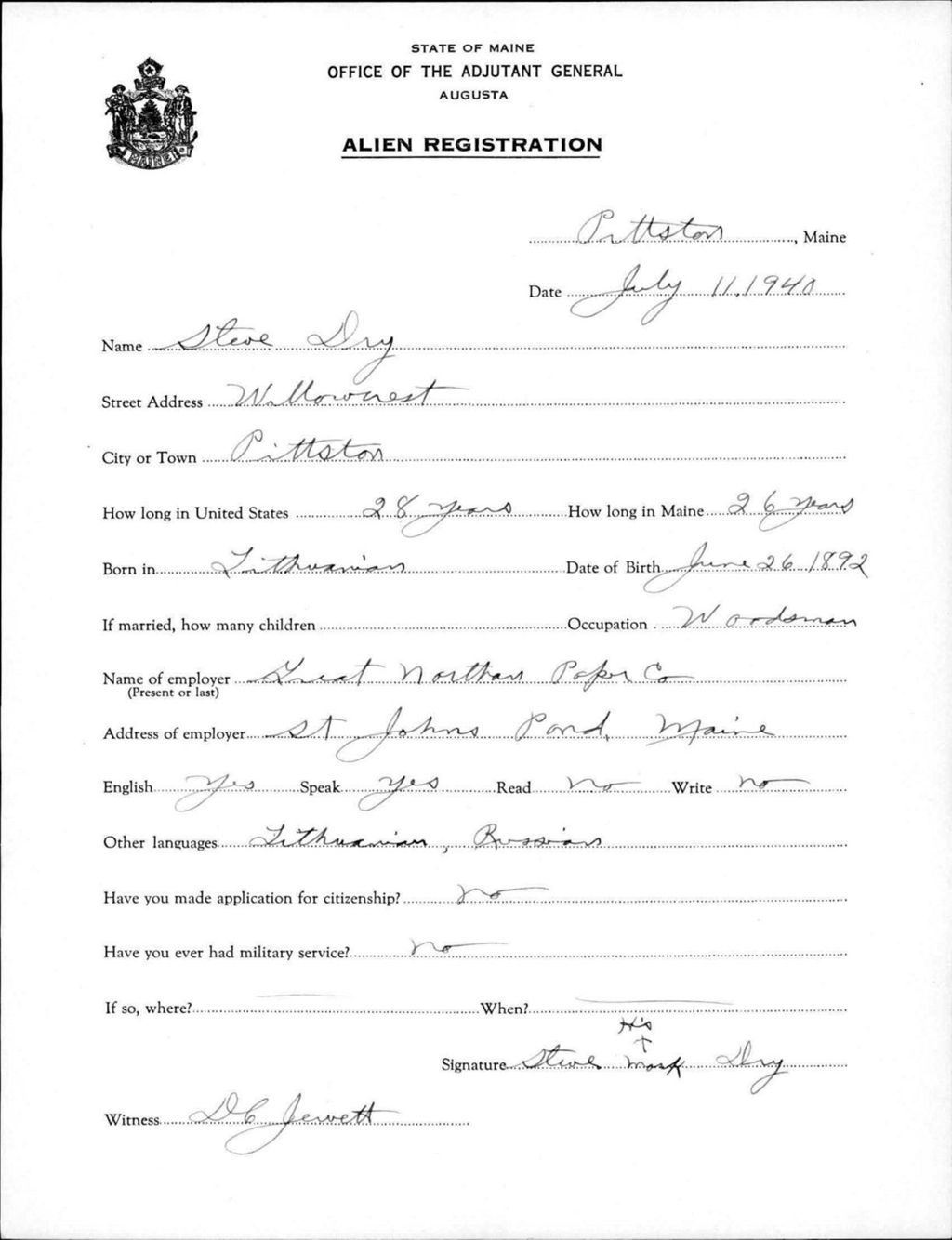 Miniature of Alien Registration- Dry, Steve (Pittston, Kennebec County)