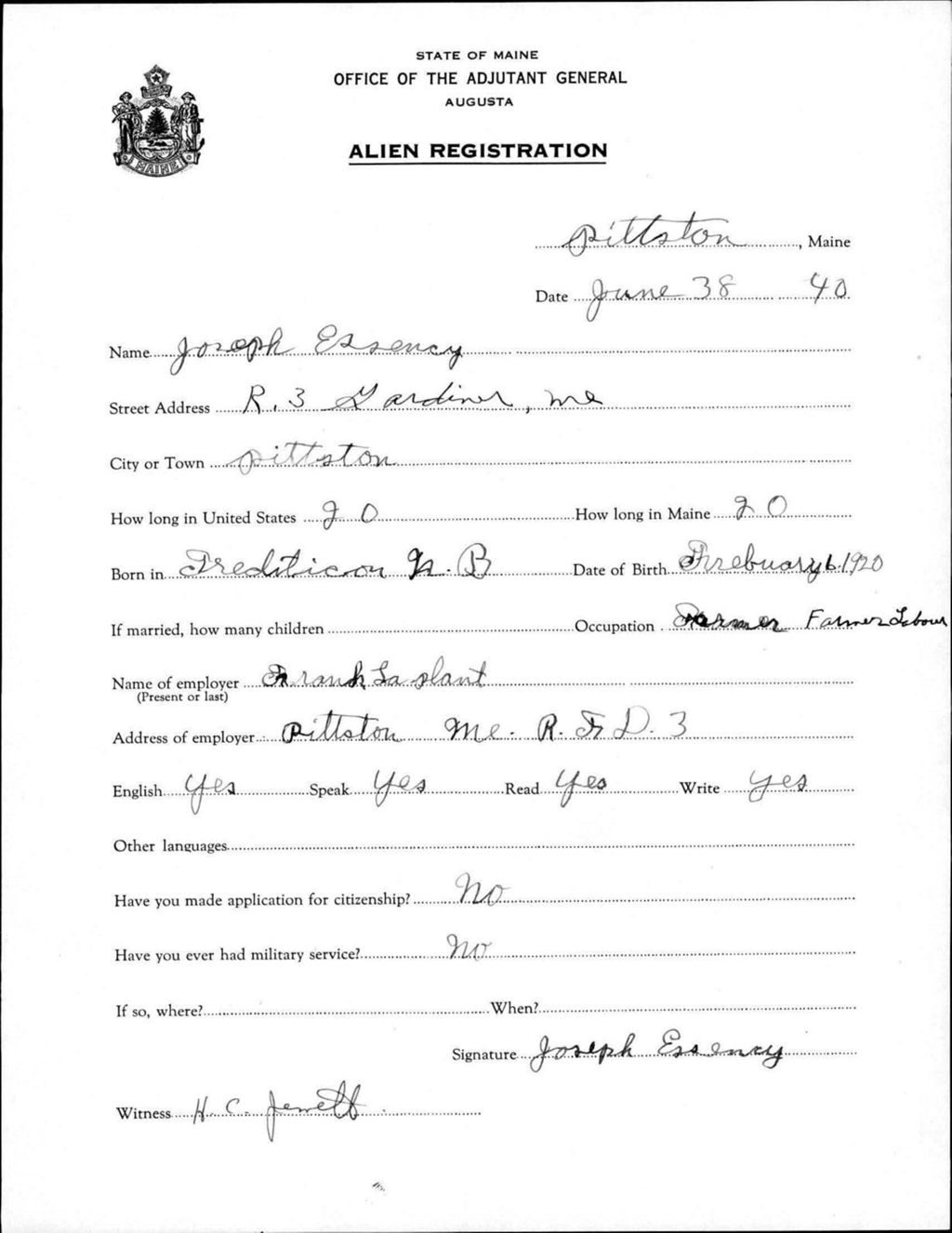 Miniature of Alien Registration- Essency, Joseph (Pittston, Kennebec County)