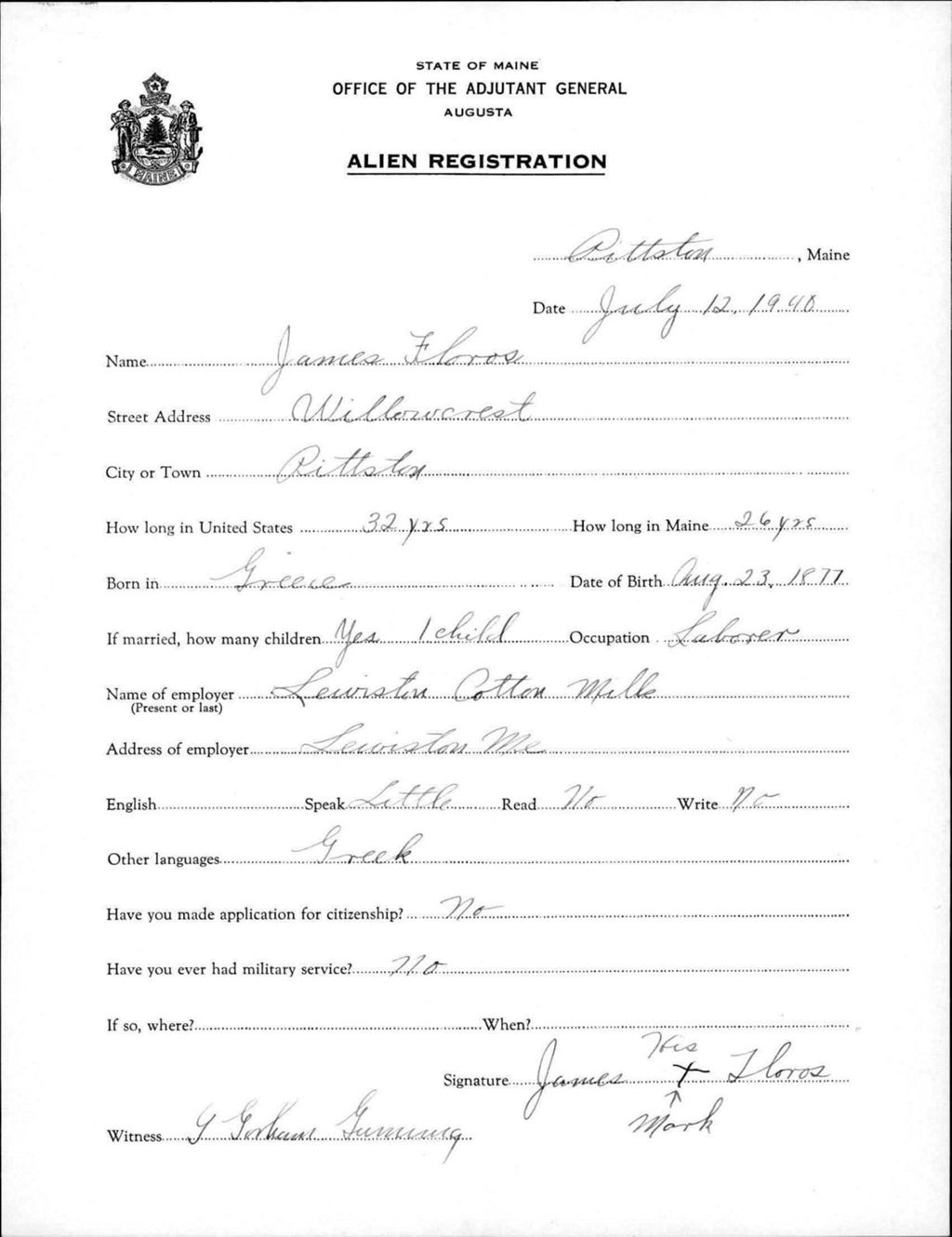 Miniature of Alien Registration- Floros, James (Pittston, Kennebec County)