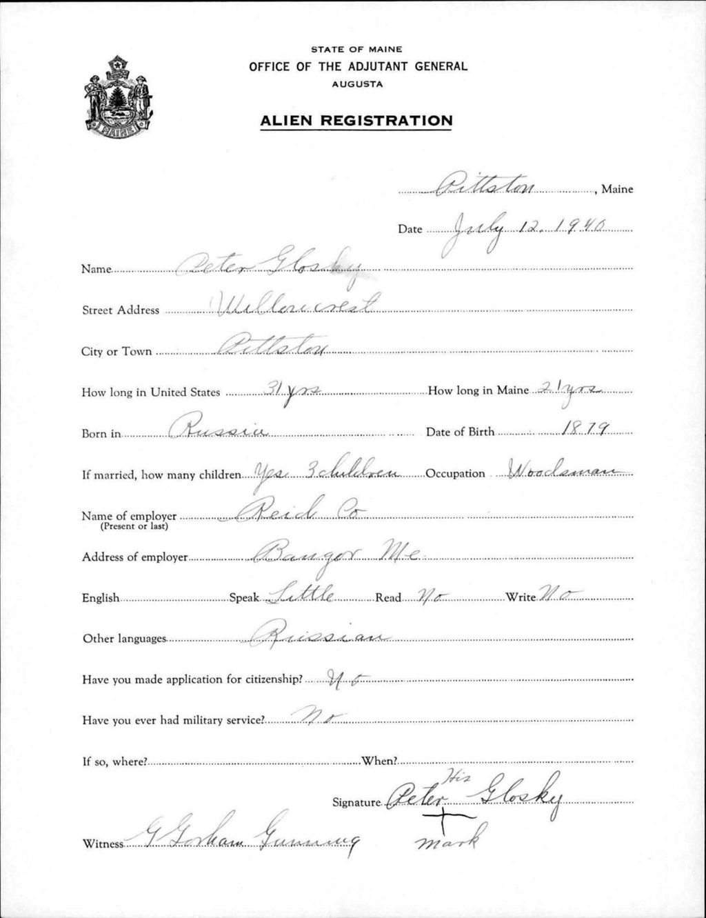 Miniature of Alien Registration- Glosky, Peter (Pittston, Kennebec County)
