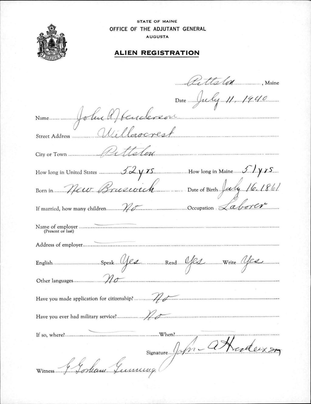 Miniature of Alien Registration- Henderson, John A. (Pittston, Kennebec County)