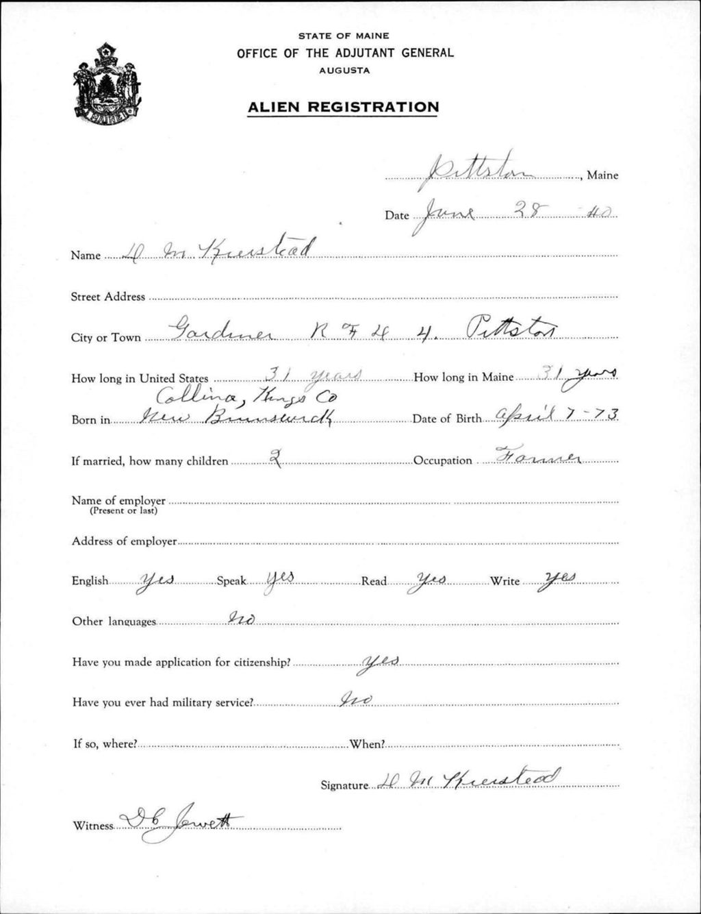 Miniature of Alien Registration- Kierstead, D M. (Pittston, Kennebec County)