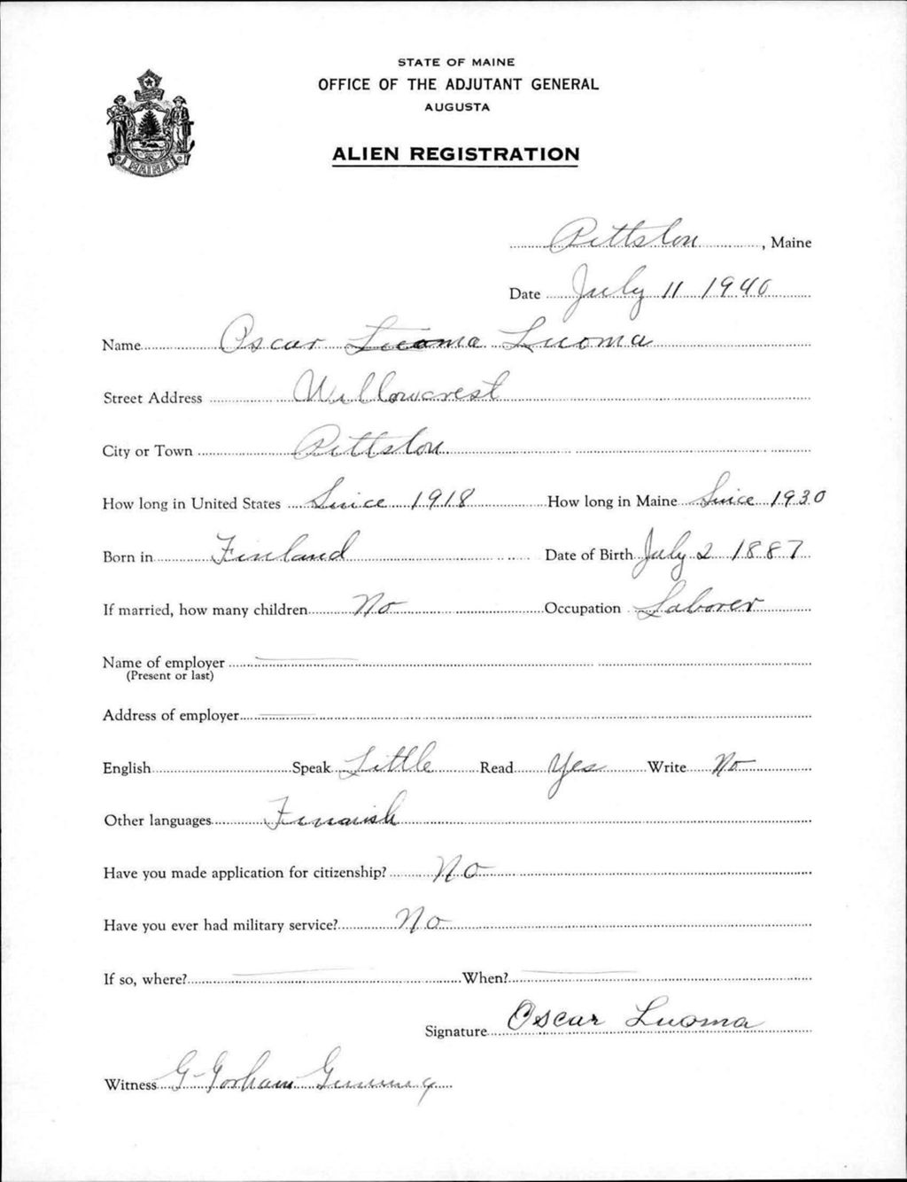 Miniature of Alien Registration- Luoma, Oscar (Pittston, Kennebec County)