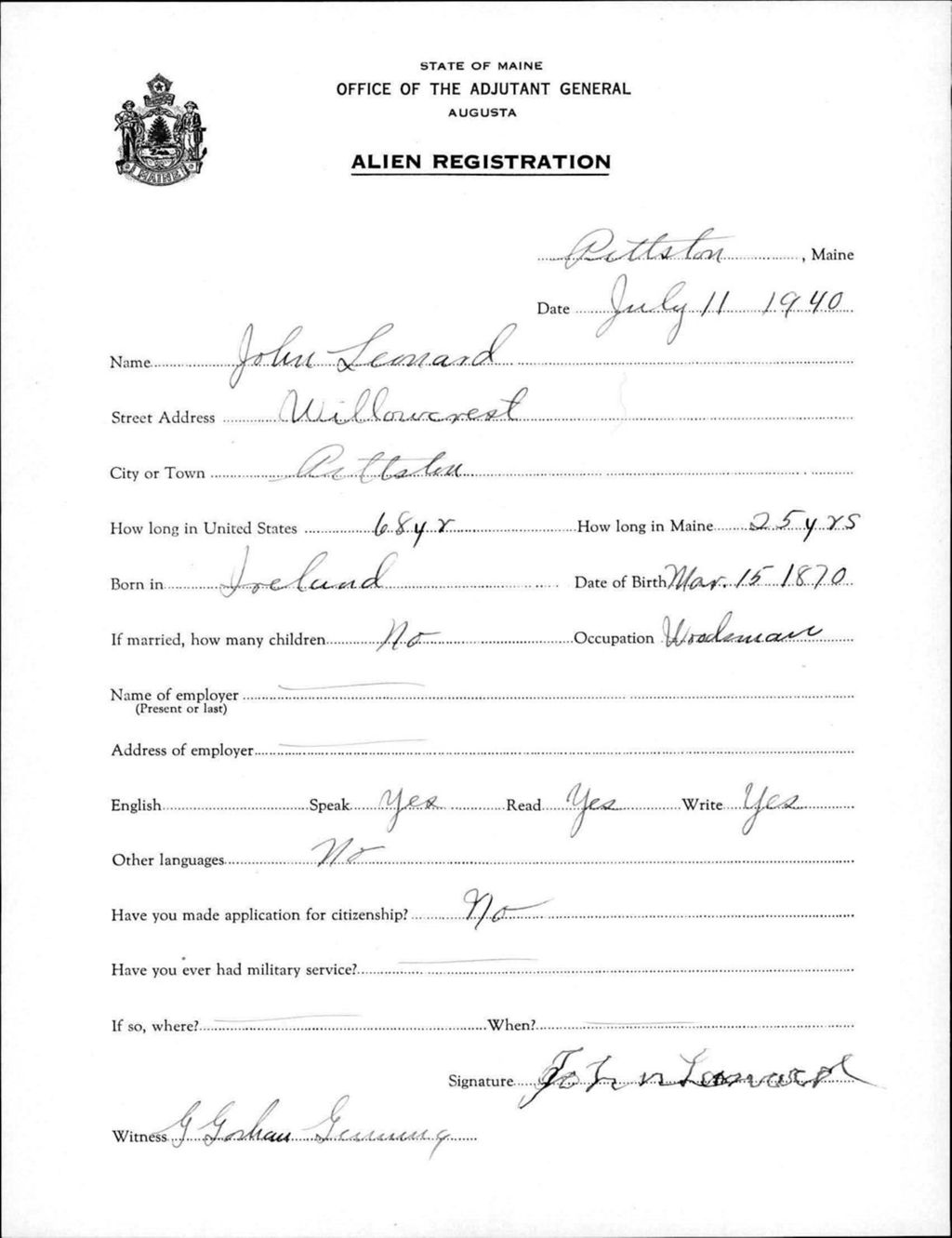 Miniature of Alien Registration- Leonard, John (Pittston, Kennebec County)