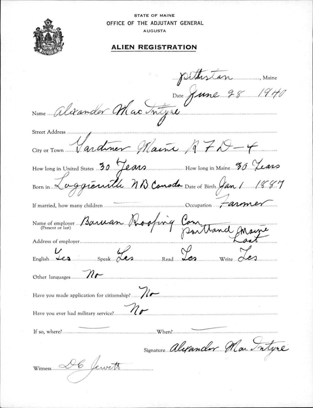 Miniature of Alien Registration- Macintyre, Alexander (Pittston, Kennebec County)