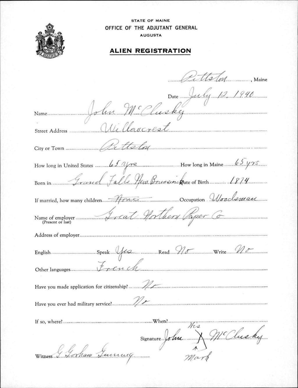 Miniature of Alien Registration- Mcclusky, John (Pittston, Kennebec County)