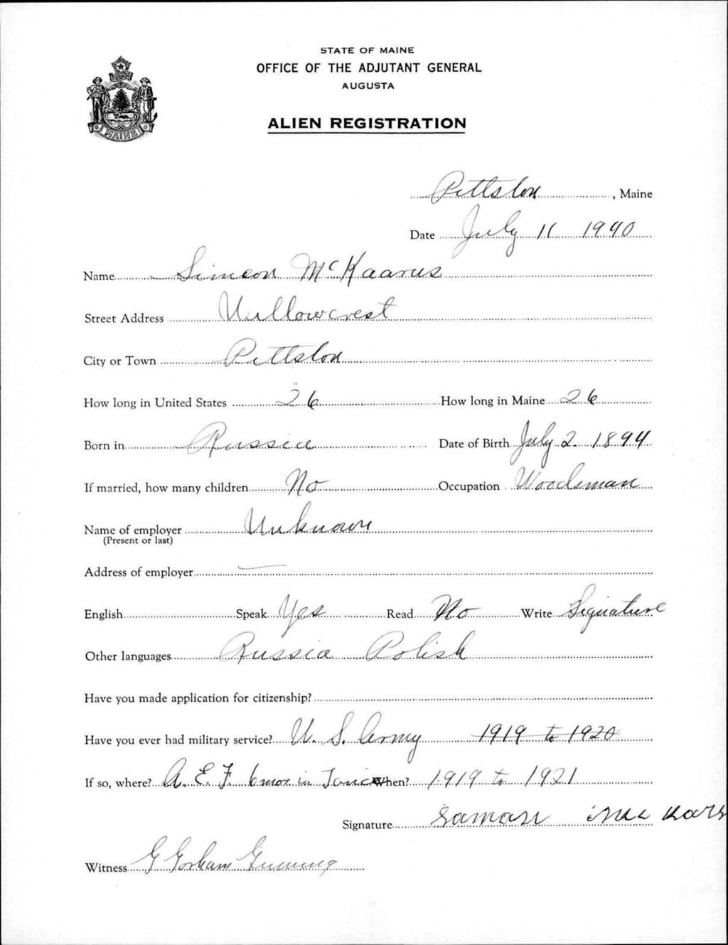 Miniature of Alien Registration- Mckaarus, Simeon (Pittston, Kennebec County)